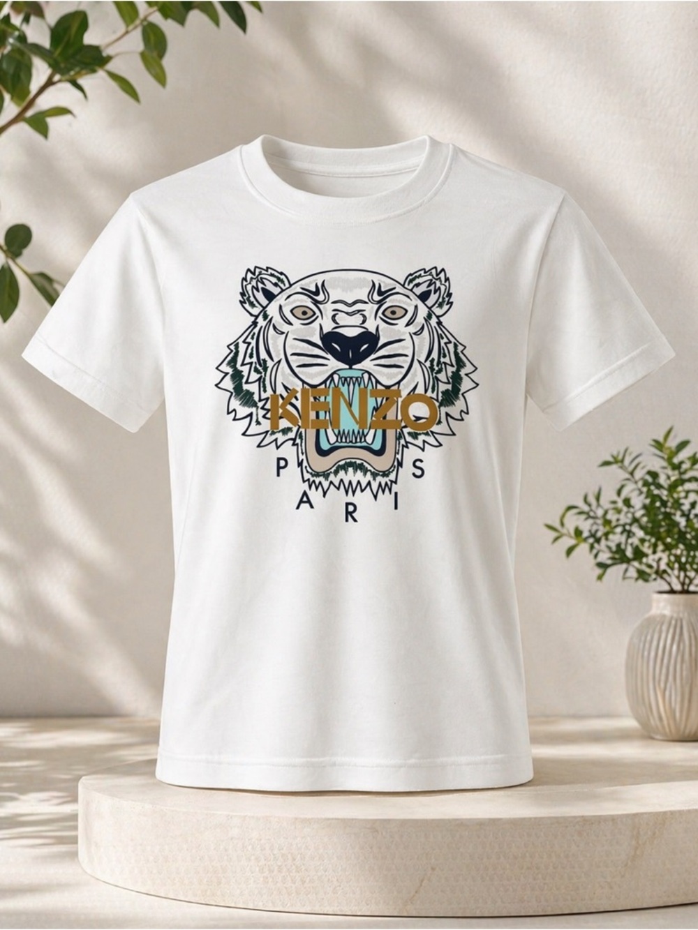 Kenzo White Tiger Logo Tee with Gold Accent